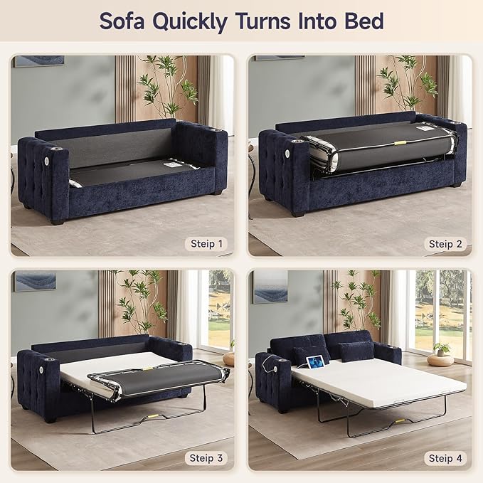 ONBRILL Pull Out Sofa Bed Chenille Full Size Sleeper Sofa Bed with Cup Holder and USB Port 76 inch Couch Bed with Memory Foam Button Tufting Loveseat Couch for Living Room Blue
