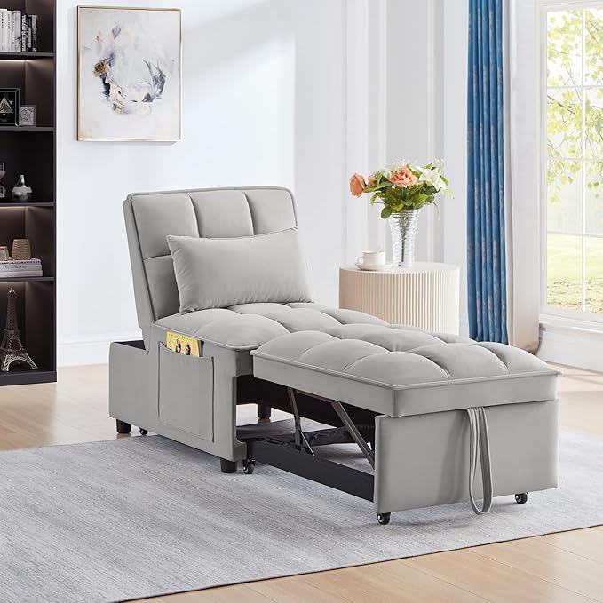 4 in 1 Multi-Function Single Sofa Bed Pull Out Couch with Adjust Backrest Tufted Single Pull-Out Sofa Bed with Storage Pockets and 2 Pillows Velvet Chaise Lounge for Bedroom Living Room (Gray)