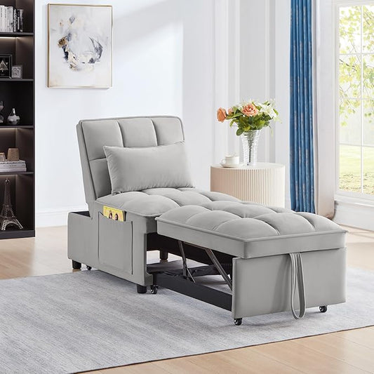 4 in 1 Multi-Function Single Sofa Bed Pull Out Couch with Adjust Backrest Tufted Single Pull-Out Sofa Bed with Storage Pockets and 2 Pillows Velvet Chaise Lounge for Bedroom Living Room (Gray)