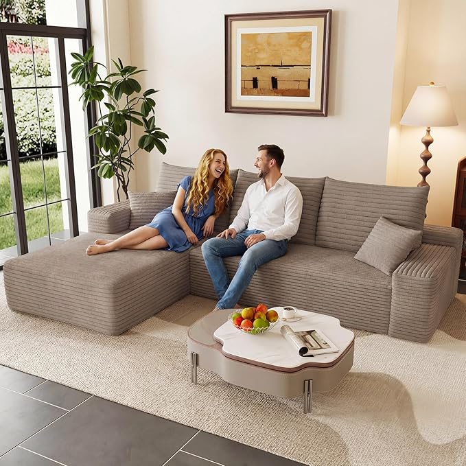 95 Modular Sectional Couch Boneless L Shaped Cloud Sofa with Chaise Lounge Corduroy Upholstered Couches Memory Foam Deep Seat No Assembly Required Ideal for Living Room(Camel Left Facing)