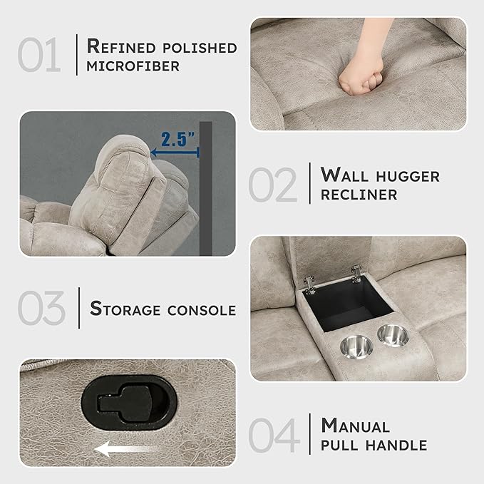 Lexicon Manual Double Reclining Loveseat Polished Microfiber Manual Wall Hugger Loveseat Recliner for Living Room Center Storage Console/Cup Holders/Pillow Top Arm Easy Assembly Pewter