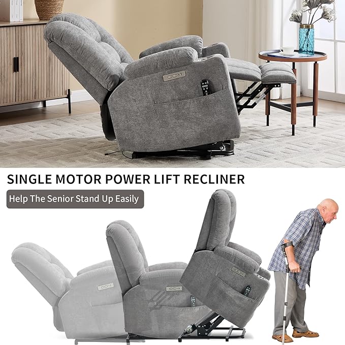Power Lift Chair with Massage &amp Heat Electric Recliner Chairs for Adults Remote Control Sofa for Living Room Standing Assistance USB Ports Stainless Steel Cup Holders (Light Grey)