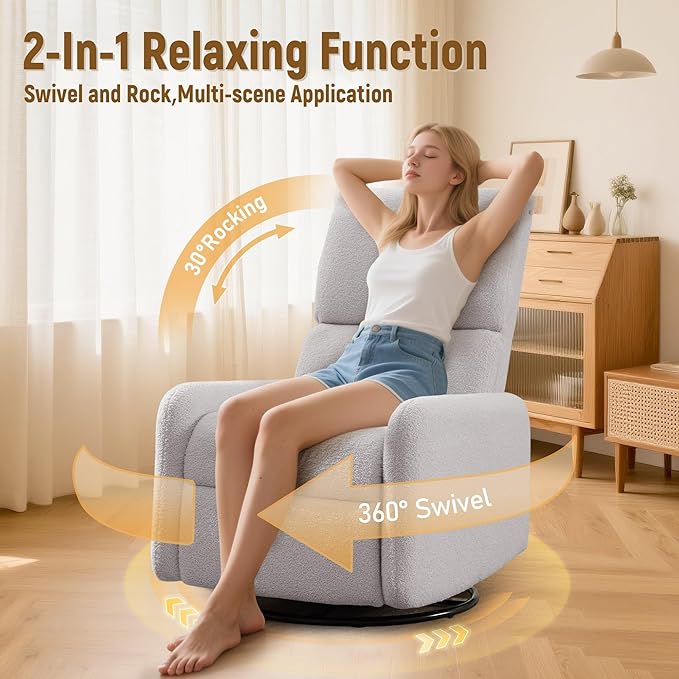 360° Rocking Chair Nursery Rocker Chair with Side Pockets Glider Nursing Chair with Steel Structure Base Small Chair for Small Spaces Sherpa Swivel Accent Chairs for Living Room Nursing