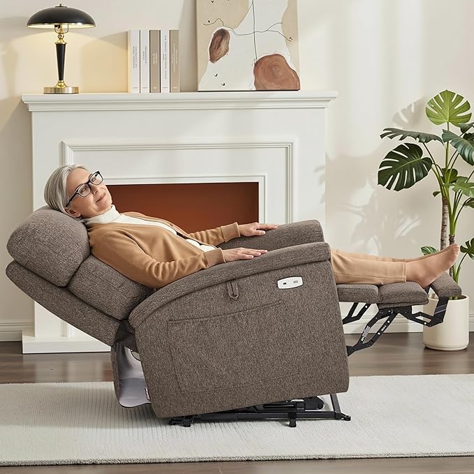 MCombo Power Lift Recliner Chair with Massage and Dual Heating Adjustable Headrest Extended Footrest for Elderly People Fabric R7605 (Mocha)