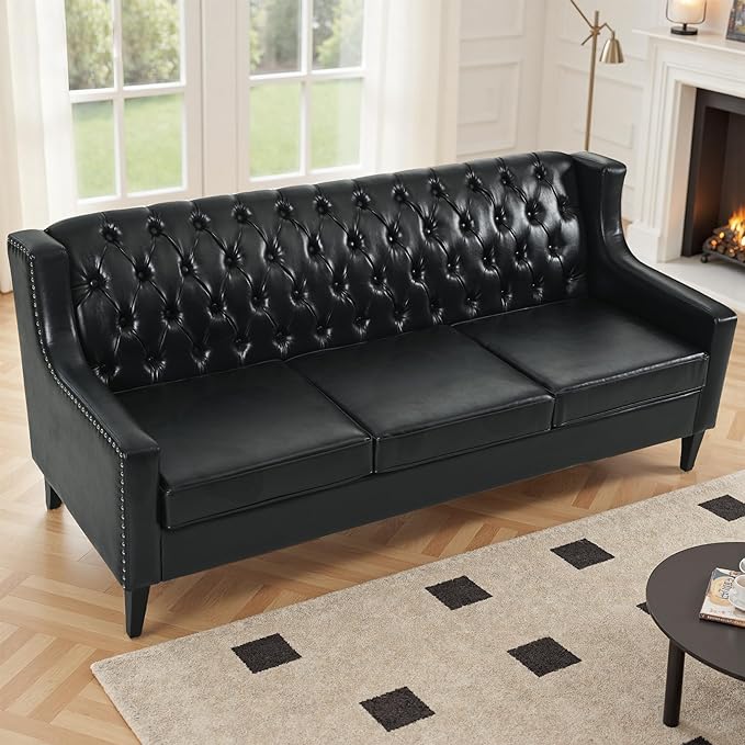 GDFStudio 78.75 3-Seater Sofa Button Tufted Backrest Big Comfy Couch with Plush Cushions Mid Century Modern Couches Home Living Room Sofa Upholstered Sofas &amp Couches for Apartment Bedroom Bla
