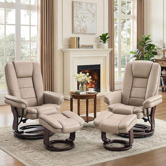 Argus Swivel Recliner with Ottoman PU Leather &amp Wood Base Reclining Chair with Footrest Ultra-Plush Double Foam for Living Room Bedroom and Office Set of 2