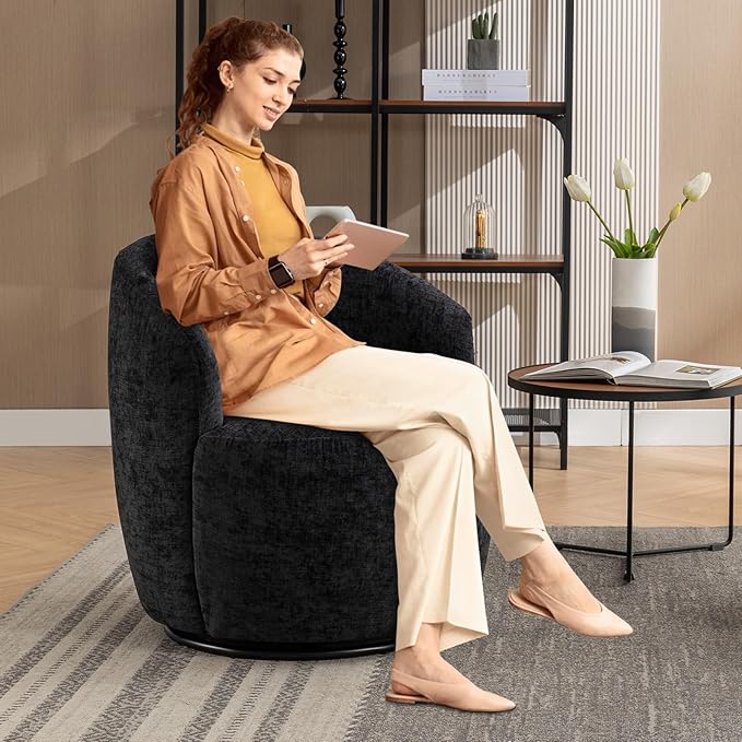 Swivel Accent Chair360 Degree Chenille Small Swivel Barrel ChairUpholstered Comfy Arm ChairModern Round Swivel Bucket ChairSingle Sofa Chair for Living RoomBedroomNursery(Black)