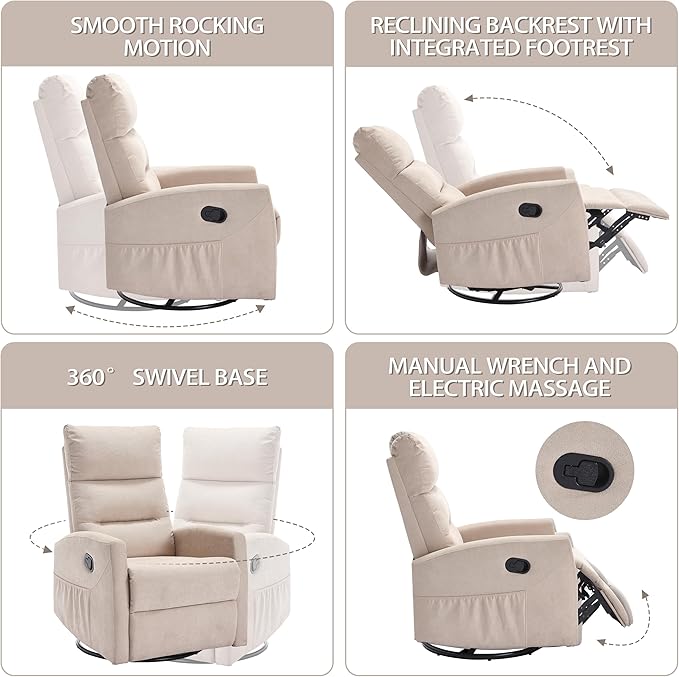 PELUMY Manual Recliner Chair 360° Swivel Glider and Rocker Recliner with 155° Recline Compact Fabric Recliner for Small Space Nursery Living Room Bedroom No Tools Assembly (Beige)