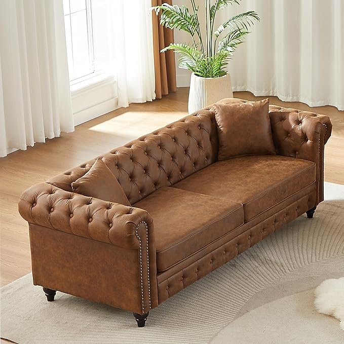 2 Piece Mid Century Modern Couch Set Retro Button Tufted Chesterfield Sofa muebles para la sala Comfy Deep Seat Upholstered Office Furniture Living Room Sofas Set (Retro Brown Couch and Loveseat)