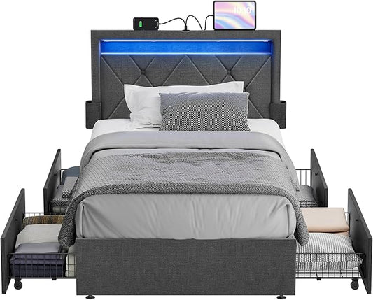 VASAGLE LED Bed Frame Twin Size Twin Bed with Headboard and 4 Drawers 1 USB Port and 1 Type C Port Adjustable Upholstered Headboard 37.1/39.6 Inches No Box Spring Needed Dark Gray URMB823G71