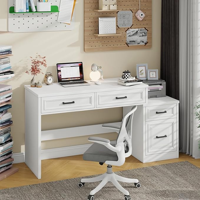Vabches 61 Farmhouse Computer Desk with Storage and File Drawer Executive Desks with Printer Stand Rustic Large Home Writing Desk for Home Office.White