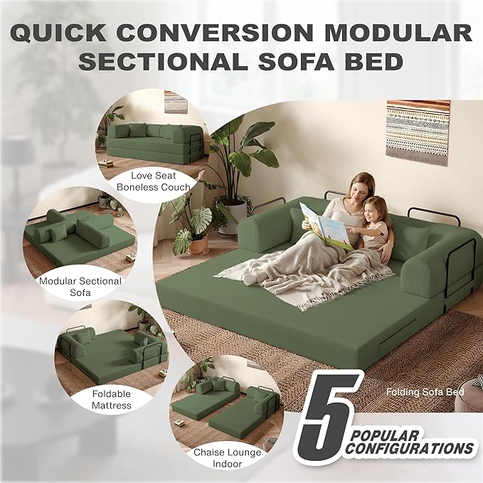 79'' Folding Sofa Bed 5-in-1 Convertible Sofa Bed BonelessComfy Foldable Foam Couch with Pillow Modular Floor Couch for Living RoomBedroomLounge - Corduroy OliveGreen
