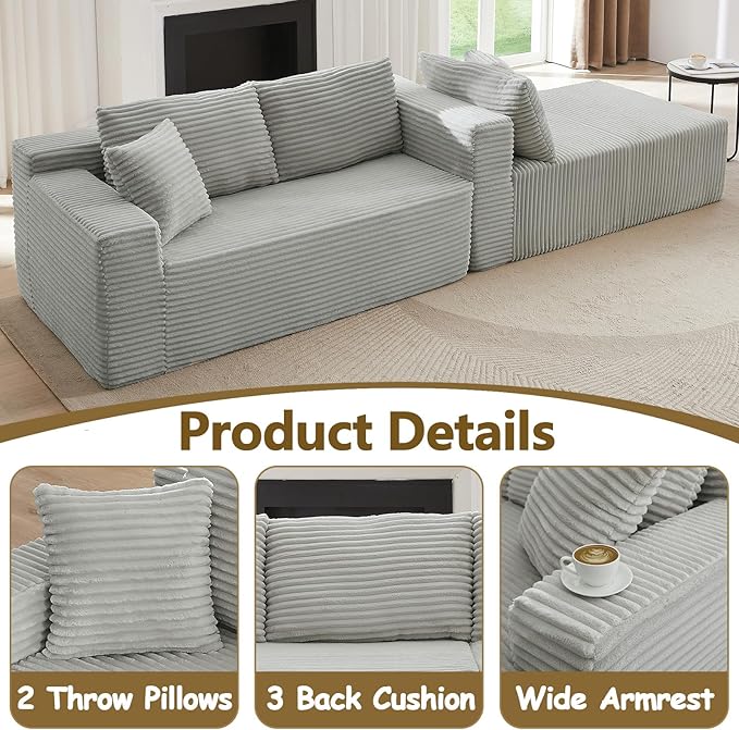 104 Cloud L Shape Couch with Chaise Modular Sectional Couches with Deep Seat Corduroy Sofas for Living Room Boneless Memory Foam Couch No Assembly (Light Grey Right Facing Chaise)