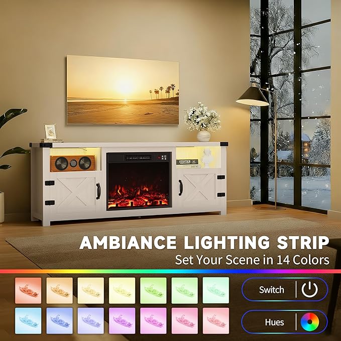 Furmax LED Entertainment Center with Fireplace Fireplace TV Stand with Storage Cabinets and 2 Open Shelves Modern Media TV Console for Living Room (White)