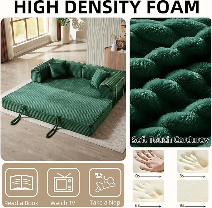 81 Inch Convertible Folding Sofa BedFold Out Floor Sofa Couch with Fixed-Shape FrameCorduroy Foldable Mattress Cloud Couch for Living Room Bedroom (Green)