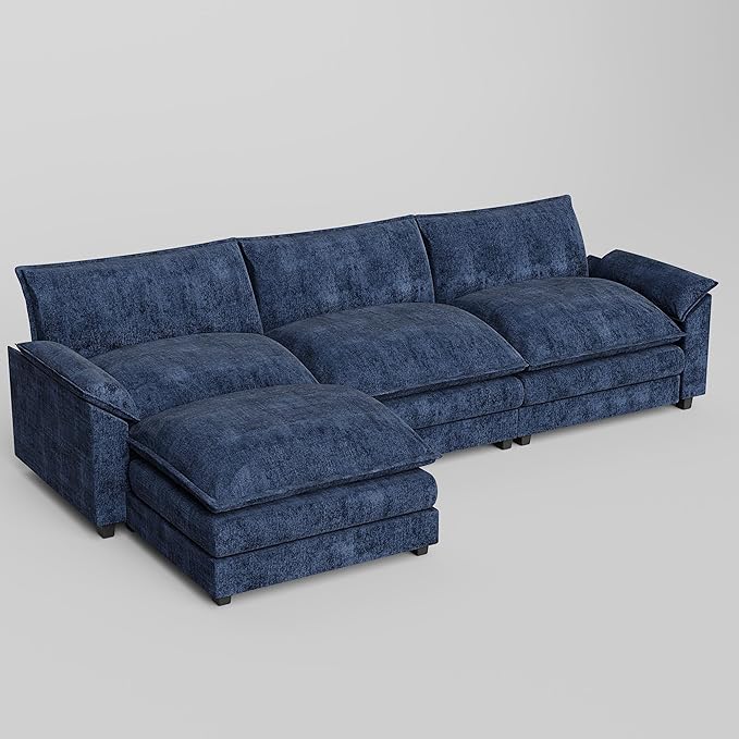 JUMMICO 119” Sectional Sofa Modern Deep Couch with Reversible Ottoman L-Shaped Chenille Fabric Modular Sofa Sleeper Comfy for Living Room/Bedroom/Apartment (Blue L Shaped Sofa)