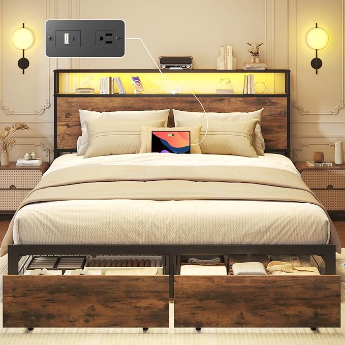 Lifezone Queen Bed Frame with 2-Tier Storage Headboard Metal Bed Frame with Storage Drawers &amp Built-in Charging Station &amp LED Noise-Free No Box Spring Needed Easy Assembly Rustic Brown