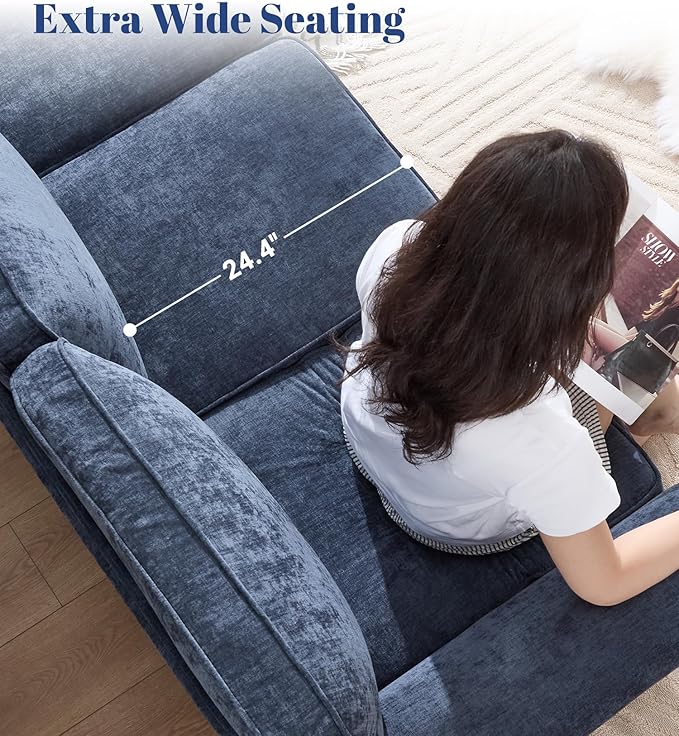 Kingfun 3 Seater Couch Mid Century Modern Sofa Set with Rolled Arms and Deep Seats Fluffy Comfort for Living Room Apartment Easy Assembly Blue