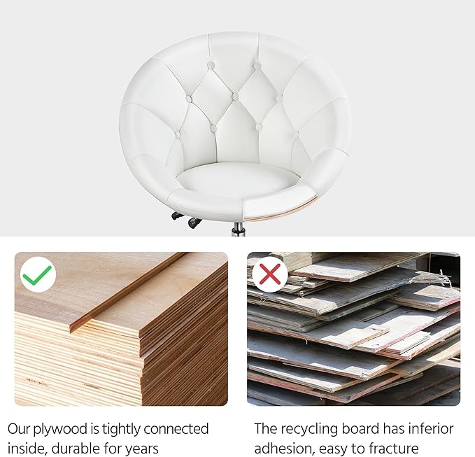 Yaheetech Adjustable Vanity Chair with Round Tufted Back Swivel Leather Salon Chair for Bedroom Living Room Office White