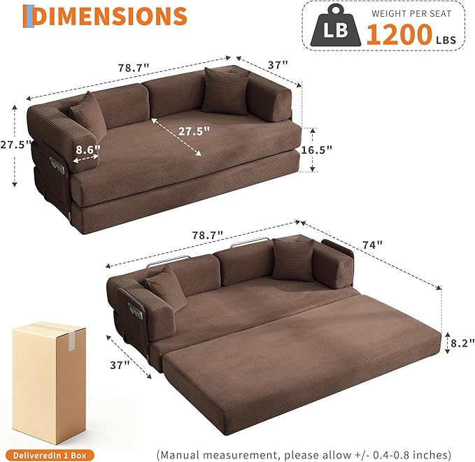 Garvee 5-in-1 Convertible Sofa Bed 78.8 Modular Corduroy Sleeper with Sturdy Frame &amp No Assembly Multi-Functional Futon for Small Space Living Room &amp Guest Room (Green) (Brown-A)