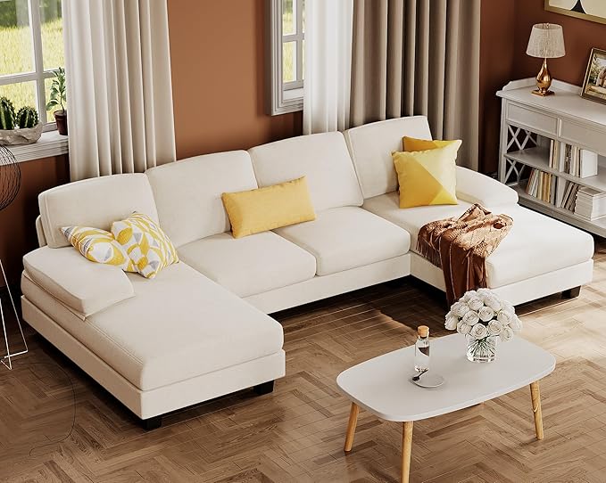 Furmax Sectional Couches for Living Room U-Shaped Sofa Couch with Linen Fabric 4 Seat Sofa Set with Double Chaise for Apartment (Fabric White)