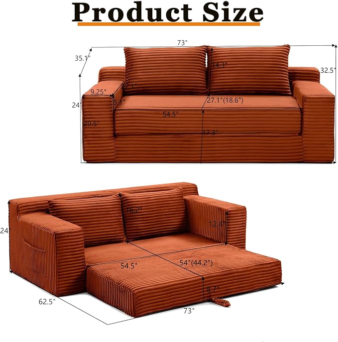 73 Cloud Loveseat Sofa Bed Orange - Boneless 2-Seater Couch No Assembly Convertible Folding 2-in-1 Design Small Space Corduroy Memory Foam Floor Lounge Couch for Bedroom Living Room (Orange)