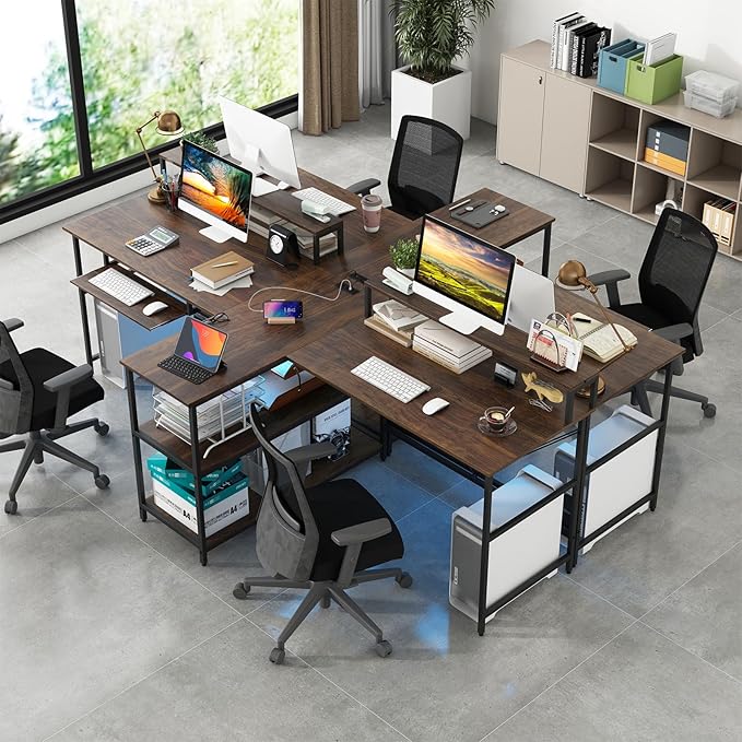 Tangkula 2-Person Reversible Computer Desk with LED Lights 94.5” Long Office Desk with Power Outlets Monitor Stand Keyboard Tray &amp 2 Storage Shelves Double Desk for Gaming Working Writing (Wal