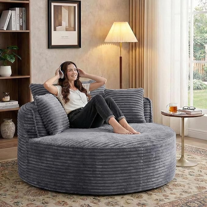 54-inch Oversized Round Chaise Longue Chair Indoor Modern Upholstered Corduroy Deep Seat Circle Cloud Chair Single Boneless Reading Chair for Living Room Bedroom Apartment Gray