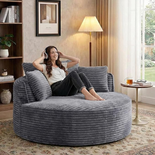 54-inch Oversized Round Chaise Longue Chair Indoor Modern Upholstered Corduroy Deep Seat Circle Cloud Chair Single Boneless Reading Chair for Living Room Bedroom Apartment Gray
