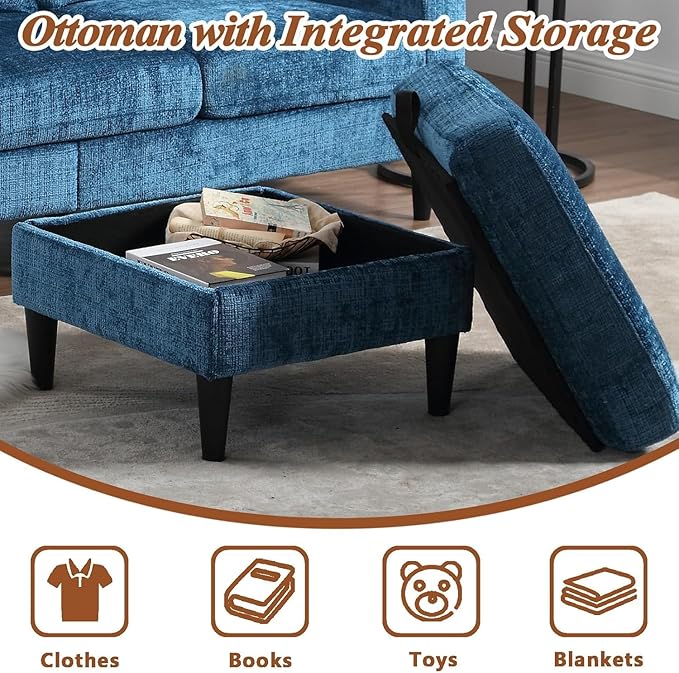 L Shaped Couch with Storage Ottoman 77 Chenille Small Sectional Couches with 2 Cup Holders &amp Storage Pocket for Small Space Comfy Cloud Sectional 3 Seater Couch Blue