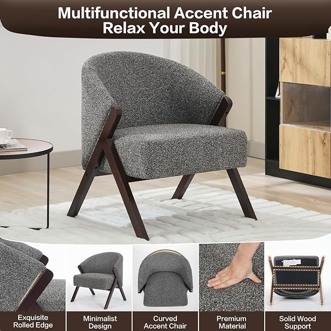 TrailBlaze Comfortable Mid-Century Modern Accent Chair for Living Room – Upholstered Reading Armchair with Sturdy Wood Frame Linen Fabric Easy Assembly – Deep Walnut Foot | Linen | Gray