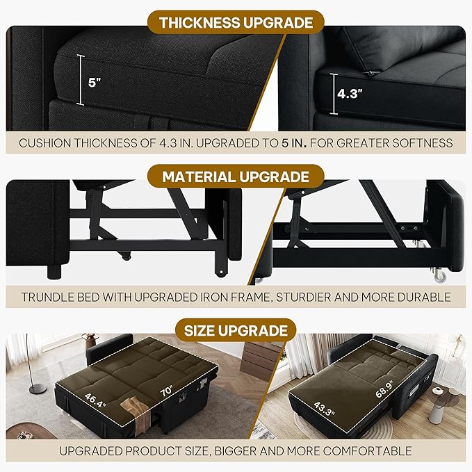 DWVO 55 Convertible Sofa Bed 3-in-1 Sleeper Sofa with Pull-Out Bed Linen Futon Couch with Adjustable Backrest and Side Pocket Modern Loveseat for Living Room Apartment Balck