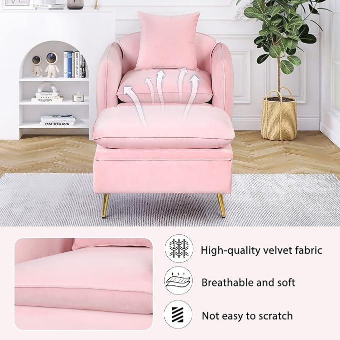 35.2 Modern Accent ChairSingle Sofa Chair with Ottoman Foot Rest and Pillow for Living Room Bedroom Small Spaces Apartment OfficePink
