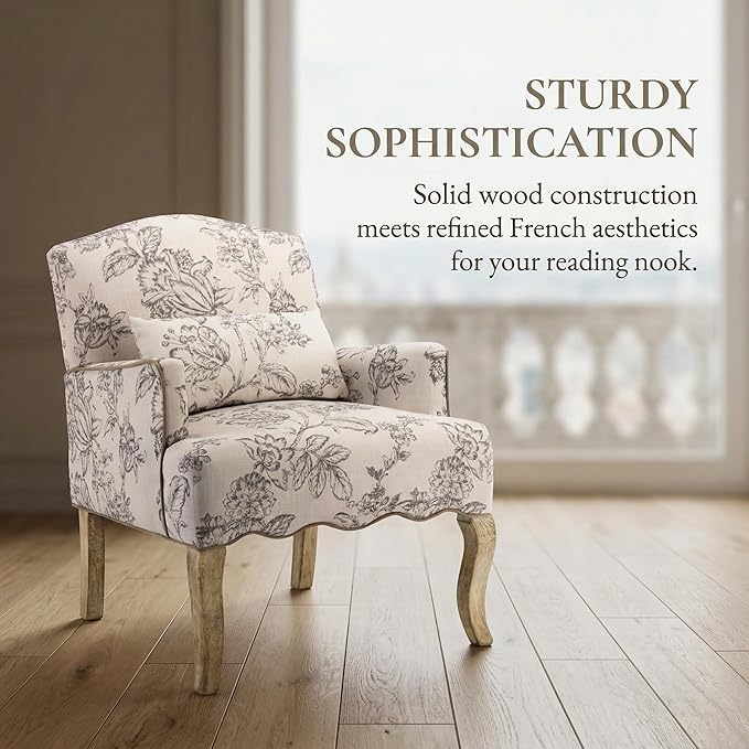 Floral Accent Chairs Set of 2 Farmhouse Upholstered Armchair Linen Reading Chair Mid Century Modern Single Sofa Chair with Pillow for Bedroom/Living Room/Fireplace Beige