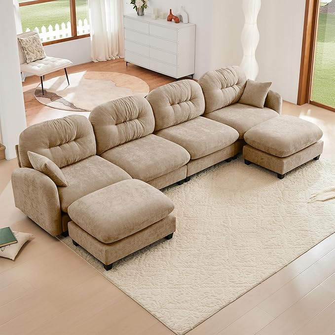 mikibama 140 Chenille Cloud Sofa 4 Seater Couch with OttomansModern Modular Sectional U-Shaped Cloud Sofas with Deep SeatU Shape Couch with Chaise LoungesCurved Arms for Living Room(Camel4S+2O)