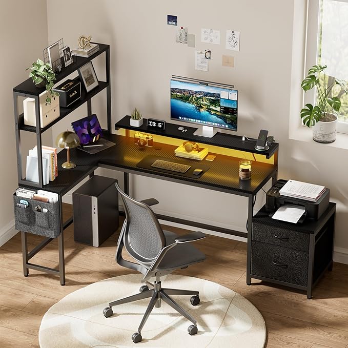REAHOME 70 Inch L Shaped Desk with File Drawers and Reversible Storage Shelves Computer Desk with Power Outlet &amp LED Strip Home Office Desks Writing Study Desk for Bedroom Carbon Fiber Black