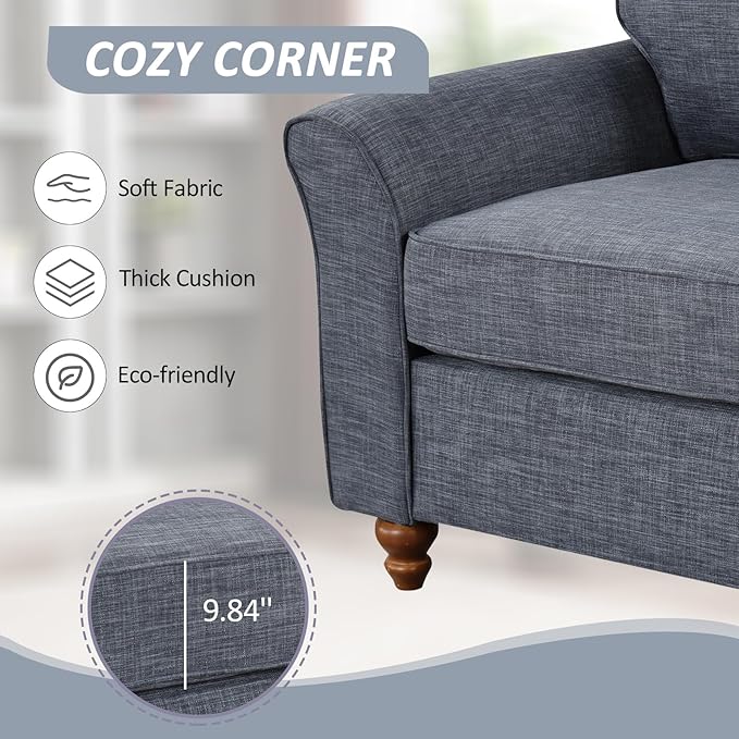 EBELLO Modern Linen Fabric Loveseat Sofa Upholstered 2-seat Sofa Couch Wood Frame and Sturdy Legs for Living Room Bedroom Office Dark Blue