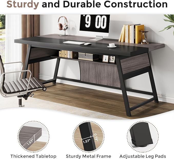 63-inch Executive Desk with Storage Shelf Large Home Office Desk with Metal Frame &amp LED Light Long Computer Desks for Home Office Gray and Black