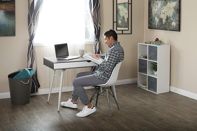 Calico Designs 51252 Alcove Modern Large Split Drawer in White/Cement Gray Desk with Storage