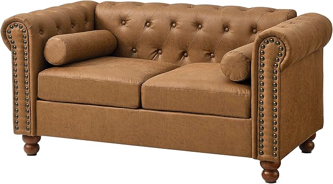 Air Leather Tufted Loveseat Couch Rolled Arm 2-Seater Sofa with Nailhead Trim and 2 Neck Roll Pillows Living Room Small Apartment Office Décor Brown