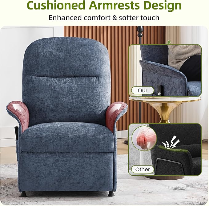 Power Recliner Chair with Remote Control 21 Wide Seat Small Recliners with Side Pocket for Adults Thick Cushions Chair for Living Room &amp Bedroom Blue