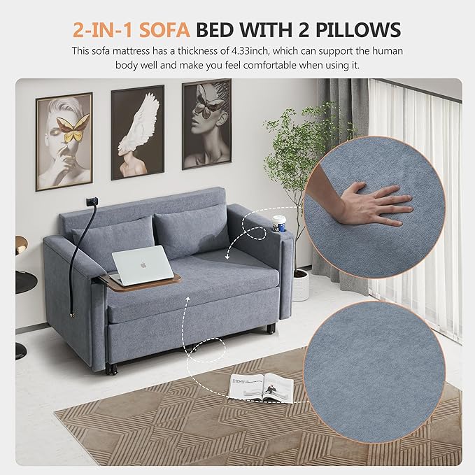 ORRD Pull Out Sofa Bed 2-in-1 Multi-Functional Sleeper Couch Small Loveseat Bed with Hidden Side Table Phone Holder and Cup Holder for Living Room Small Space Apartment (Grey)