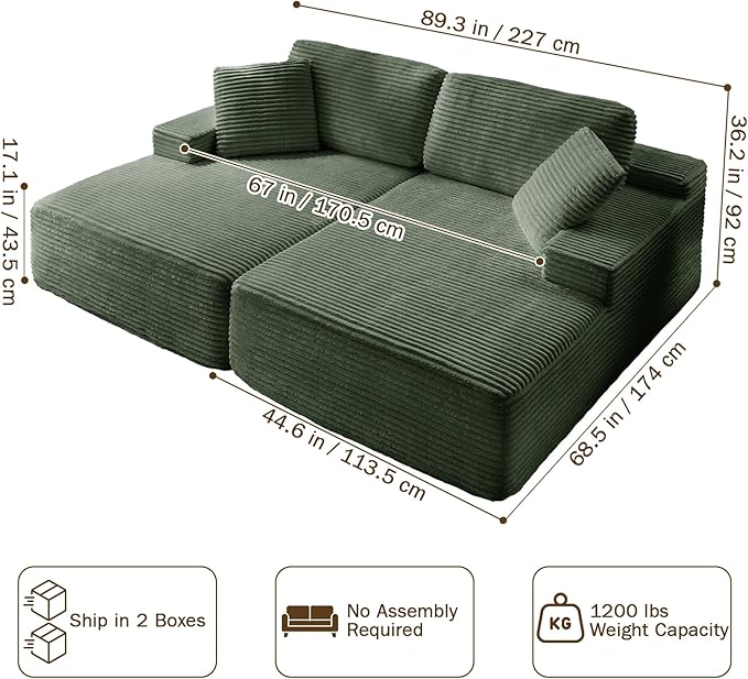89.3” Oversized Double Chaise Lounge Indoor Green Corduroy Chaise Lounge Chair Upholstered Sleeper Sofa Bed Deep Seat Sleeper Loveseat Reading Chairs Boneless Cloud Couch for Living Room Bedroom