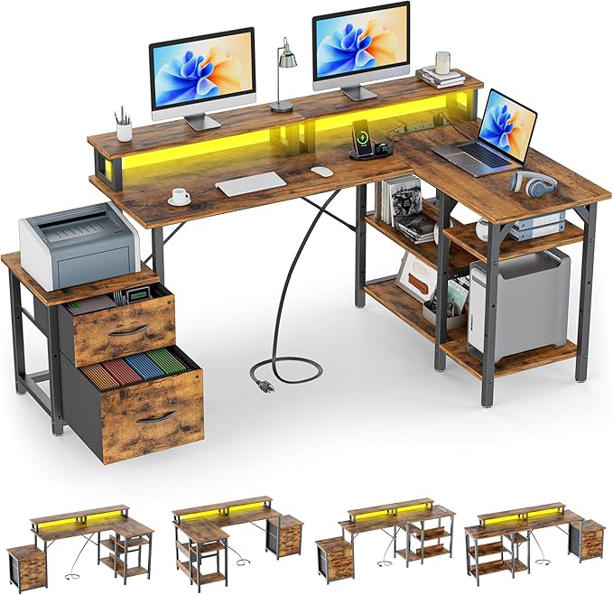 Office Desk L Shape with File Drawers&ampPower OutletYOUNGAR 69.3 Inch Reversible L Shaped Computer DesksCorner L Shape or Long Desk Set up Monitor Stand &ampStorage Shelves LED Lights &ampCPU S