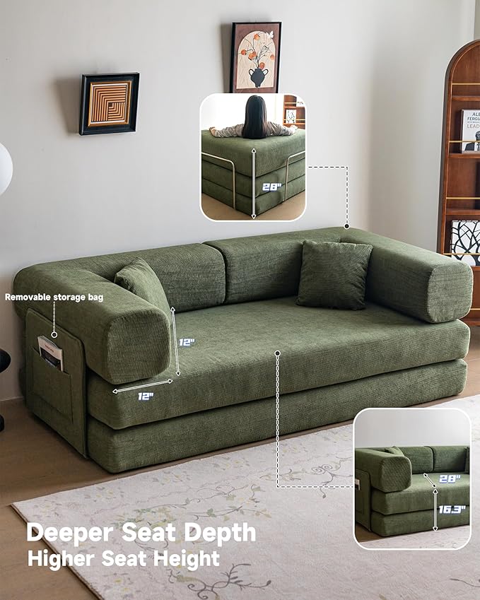 No Assembly Convertible Sofa Bed &amp 79 Boneless Couch with Pocket  5-in-1 Futon Sofa Bed with 2 Pillows Modular Pull Out Couch Bed with FrameCompression in Box for Living Room Small Spaces Green