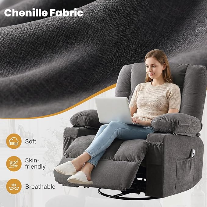Swivel Recliner Chair for Adults with Vibration Massage and Lumbar Heat Ergonomic Rocking Chair for Living Room and Bedroom Featuring Side Pocket 2 Cup Holders &amp USB Charge Port