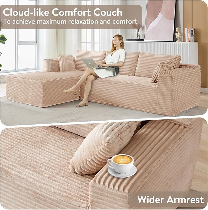 110 Modular Sectional Sofa Cloud Sectional Couch with L-Shape Chaise Modern Modular Couches with Deep Seat Corduroy Sponge Compressed Sofa for Living Room No Assembly Required (Beige)