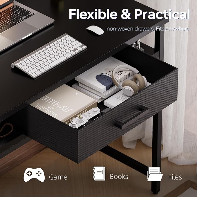 Pamray 32 Inch Small Computer Desk with Drawer and Shelves Simple Study Work Table for Bedroom Orange