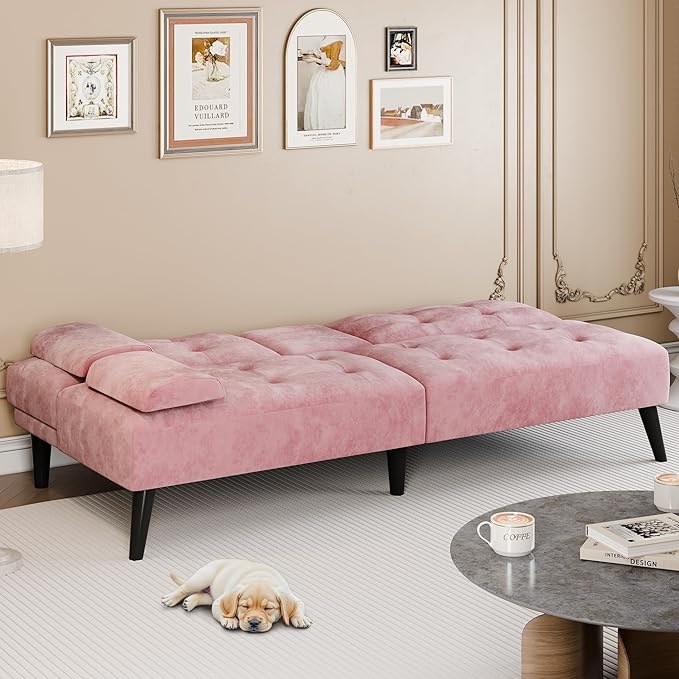 Meilocar Futon Sofa Bed Modern Convertible Sofa Couch Recliner 64 in Adjustable Sofa Bed for Living Room Removable Armrest Pillow 2 Cup Holders 3 Angles Back 5.3FT Pink