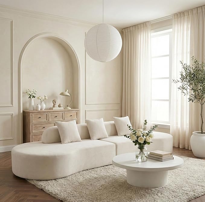 Txtin's 130” Curved Cloud Couches for Living Room | Modern Boneless Sectional Comfy Sofa | Oversized Plush Modular Couch with 3 Pillows | Beige
